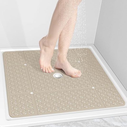 OTHWAY Square Shower Mat, 27"x 27" Extra Large Shower Mats for Inside Shower, TPE Anti Slip Shower Mat with Suction Cups Drain Holes, Machine Washable Shower Floor Mat (Brown)