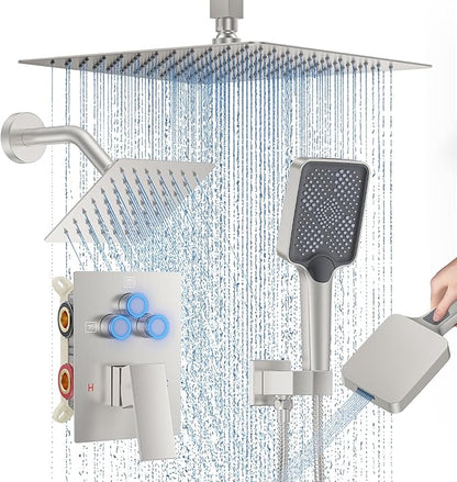 Shower Faucet Set, 12" Ceiling Mount Rainfall Shower System with 2 Rain Shower Head and Multi-function Handheld Head Push Button Diverter Shower Faucet Trim Kit (12", Brushed Nickel)