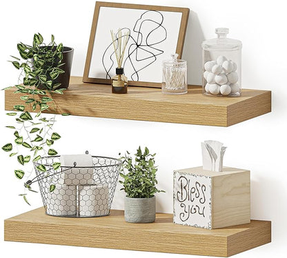 Vivelove Floating Shelves for Wall Mounted, 16 inchs Shelf for Small Bathroom, Bedroom, Living Room, Kitchen, Modern Home Decor, Rustic Farmhouse Wall Shelves with Invisible Brackets - Set of 2, Oak