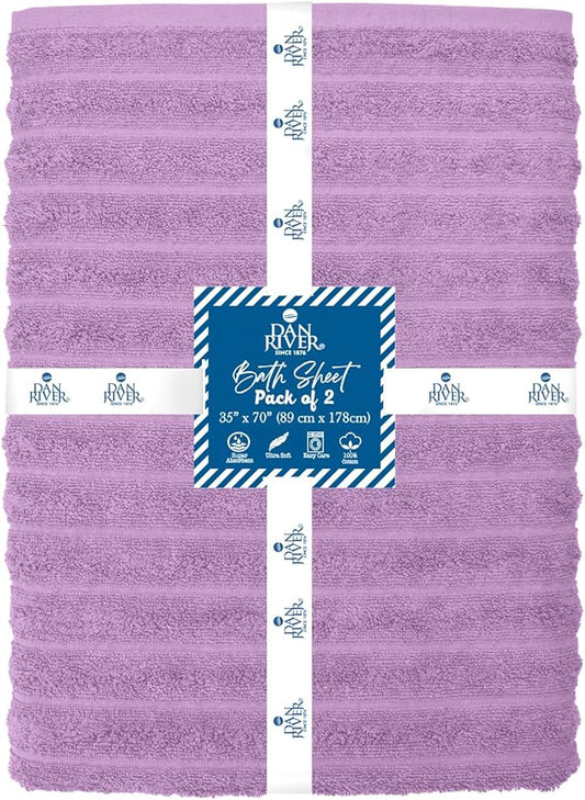 DAN RIVER Pack of 2 Bath Sheet 35x70 Inches, Ribbed XL Towels Oversized for Adults, Fluffy and Soft Plush Towels - Lavender