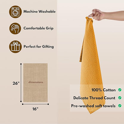 Native Fab Cotton Kitchen Towel with Hanging Loop 16x26 inches, 4-Pack, Waffle Weave Kitchen Towels for Cleaning Drying, Washcloths Soft & Absorbent Cloth Rags, Bar Towel, Dish Cloth, Mustard Yellow