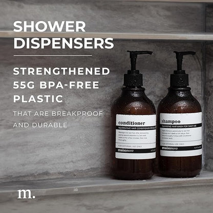 MaisoNovo Refillable Shampoo and Conditioner Bottles | 16.9 fl oz Set of 3 Amber Plastic Bottles Black Pumps