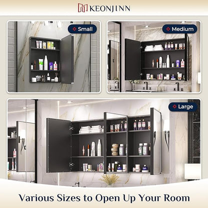 Keonjinn Black Medicine Cabinet 17 x 25 Inch, Heavy & Solid Bathroom Medicine Cabinet with Mirror, Stainless Steel Framed, Adjustable Shelves, Recessed or Wall Mount, Bathroom Mirror with Storage