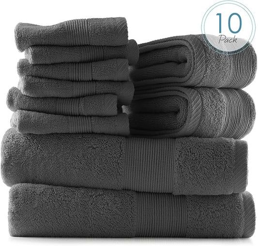 Hearth & Harbor Bath Towels for Bathroom - 100% Ring Spun Cotton Luxury Bathroom Towels - Ultra Soft & Highly Absorbent, Bath Towels Set of 10 - Dark Gray