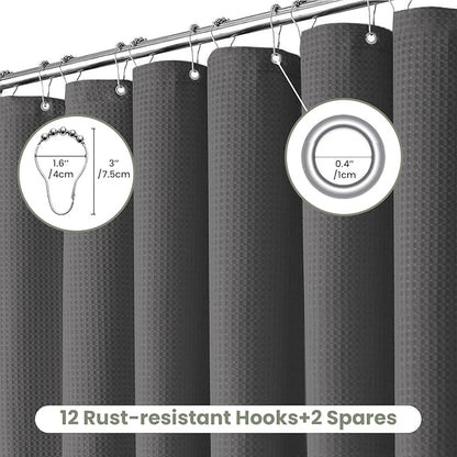 Inhousolu Fabric Shower Curtain Waffle Weave, Graphite Grey 230 GSM Heavy Duty, Weighted Hem, 14 Metal Hooks, Water Repellent, Machine Washable, Hotel Spa Luxury Bath Curtain Set, 72 x 72 Inch