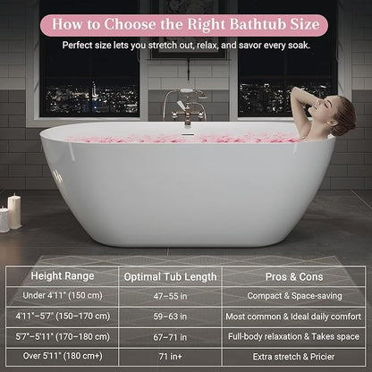 ABRUZZO 55" Acrylic Freestanding Bathtub - Oval Deep Soak Tub, Center Drain & Overflow, cUPC Certified Glossy White