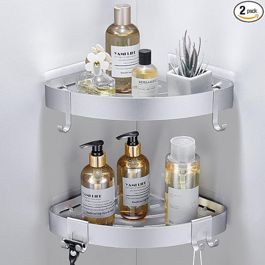 Adhesive Corner Shower Caddy with Hooks,Bathroom Shower Organizer, No Drilling Rust Proof Aluminum Shower Shelf for Inside Shower 2 Pack (Silver)