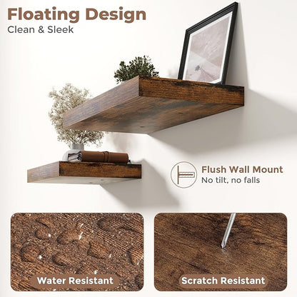 24 Inch Floating Shelves for Wall 2 Pack, 12"D Wood Grain Bathroom Shelves with Invisible Brackets, Easy Install Engineered Wood Storage Shelves for Kitchen, Living Room, Bedroom, Rustic Brown Finish