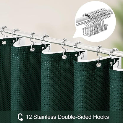 3 in 1 Stall Half Size Dark Green Shower Curtain Set-36 W x 72 H, Modern Waffle Waterproof Fabric and PEVA Liner Set with Stainless Steel Hooks