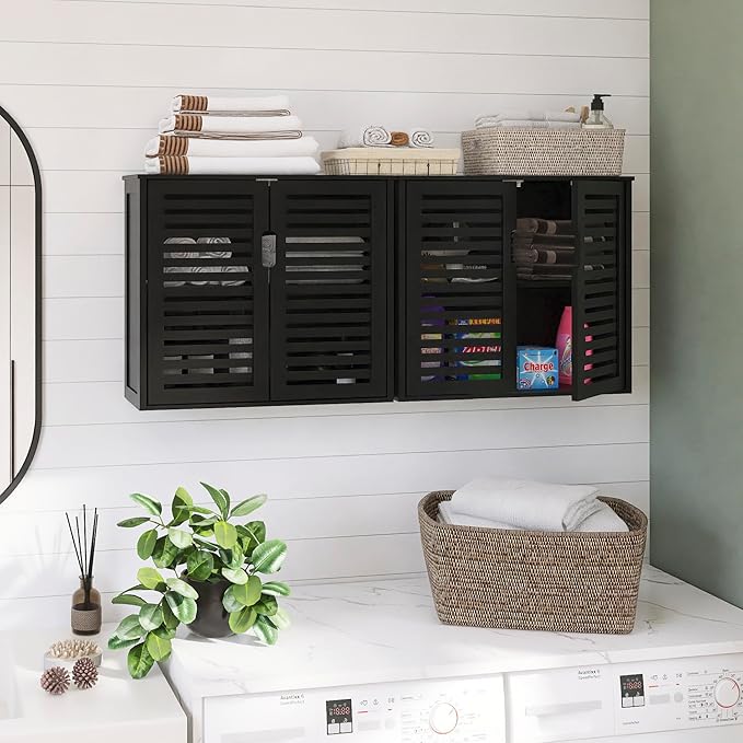 HITNET Black Bathroom Storage Cabinet, Hanging Medicine Cabinet with Adjustable Shelf, Bamboo Over The Toilet Wall Mounted Space Saver Organizer, Double Doors