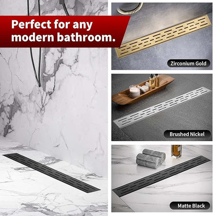 Sharp-tec Linear Shower Drain, 32 inch Shower Drain with Removable Pattern Cover, Matte Black 304 Stainless Steel Rectangle Floor Drain, Adjustable Feet and Hair Strainer Included (Model 101)