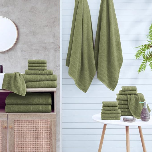 Casa Platino 100% Mercerized Cotton Bathroom Towel Set - 8 Pieces, Hotel Quality - Soft & Highly Absorbent - Ring Spun - 2 Large Bath Towels, 4 Washcloths, 2 Hand Towels - Family Pack - Oil Green