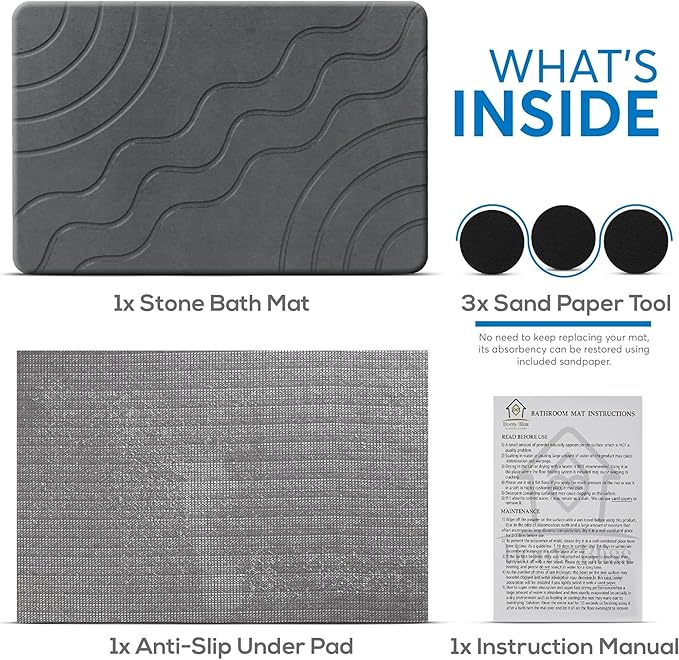 Stone Bath Mat – Quick Drying Diatomaceous Earth Bath Mat, Super Absorbent Bathroom Stone Mat, Non-Slip Shower Stone Mat, Modern Water Absorbing Bath Mat for Bathroom & Kitchen (23.6” x 15.3”, Gray)