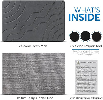 Stone Bath Mat – Quick Drying Diatomaceous Earth Bath Mat, Super Absorbent Bathroom Stone Mat, Non-Slip Shower Stone Mat, Modern Water Absorbing Bath Mat for Bathroom & Kitchen (23.6” x 15.3”, Gray)
