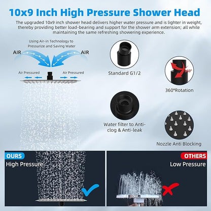 Hibbent All Metal cUPC Certified Rain Shower Head, 10'' High Pressure Rainfall Showerhead with 16" Shower Head Extension Arm, Solid Brass Adjustable Shower Arm Extender, fixed Showerheads, Matte Black