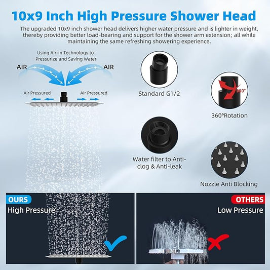 Hibbent All Metal cUPC Certified Rain Shower Head, 10'' High Pressure Rainfall Showerhead with 16" Shower Head Extension Arm, Solid Brass Adjustable Shower Arm Extender, fixed Showerheads, Matte Black