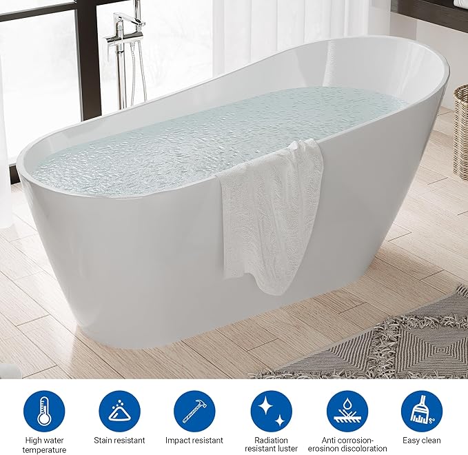 67" Acrylic Freestanding Bathtub, Modern Deep Soaking Tub, cUPC Certified Free Standing Tub, Chrome Drain/Overflow, White Acrylic, Allure White