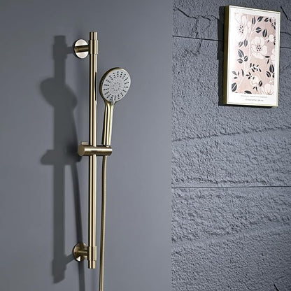 Adjustable Shower Slide Bar with 5-Function Handheld Shower Head, Stainless Steel Drill-free Mounted Slide Bar Combo with Extra Hose (Brushed Gold)
