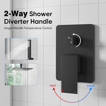 ESNBIA Shower System Black, All Metal Ceiling Shower Faucet Set with Pressure Balance Valve Kit,10" Rain Heads with Handheld Spray Combo, Matte Black