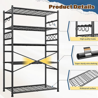 Storage Shelves 5-Tier Large Capacity Metal Shelving with Hooks, Heavy Duty Garage Shelving Unit with Leveling Feet, Stable Metal Shelves for Pantry, Kitchen and Closet, 72" H x 36" W x 12" D, Black