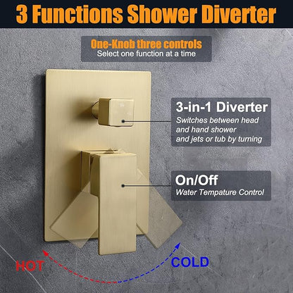 Enga Brushed Gold Rain Shower System with Body Jets, 12 inch Rain Shower Body Spray Jets System Ceiling Mounted Shower Faucet Set with 3-Function Brass Shower Valve