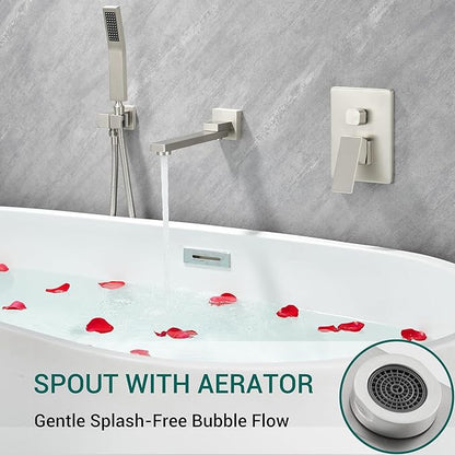 DASAN Swiveling Wall Mount Tub Filler Faucet Set with Hand Held Shower, Brushed Nickel Modern Creative Bathtub Faucet Wall Mounted Bath Tub Faucet with High Flow Rough in Valve, SA-TF05WH-BN