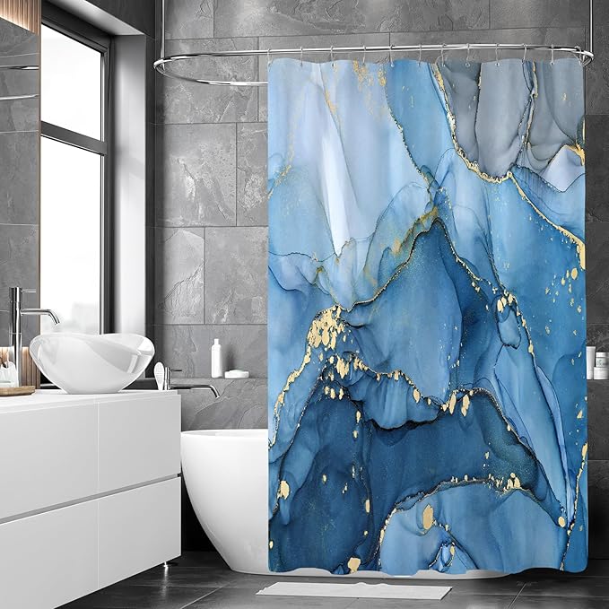Long Shower Curtain 72 x 78 Inch, Tall Abstract Marble Shower Curtains for Bathroom Decor, Modern Luxury Art Decor Ink Texture Fabric Shower Curtain Set with Hooks, Blue