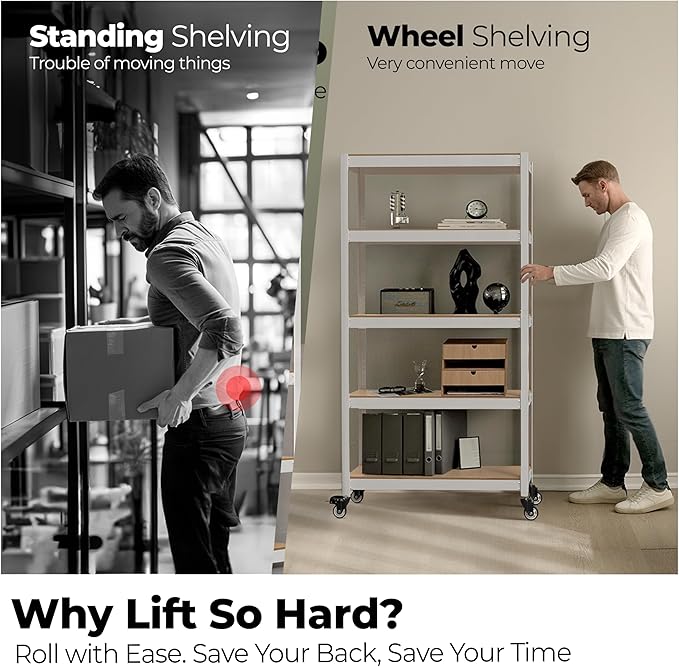 HOMEDANT House 5-Tier Metal Rolling Cart Shelf Rack Casters Heavy Duty Laminated Wheel Shelving Unit Adjustable Utility Storage Shelves Organizer Shelf Kitchen Garage (4, (M) 36.2" W, White)