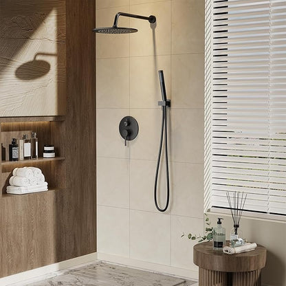 Gabrylly Black Shower Faucet Set, Wall Mounted System with Shower Valve, High Pressure 10" Rain Shower head with Handheld Spray Combo, 2 Way Rainfall Shower Fixtures, Matte Black