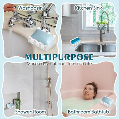 Silicone Soap Dish with Drain, Upgrade Double Suction Cups at The Bottom for Anti-Slip and Stability, Soap Dish Shower Waterfall Bar Soap Holder Tray with Drain Soap Holder (3, White)