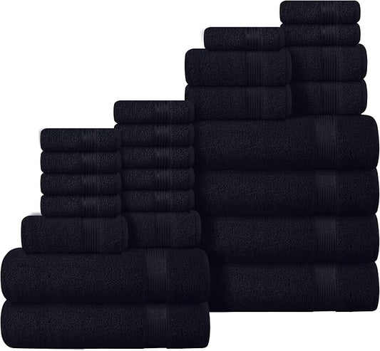 Belizzi Home 100% Cotton Towel Set, Contains 6 Soft Bath Towel, 6 Hand Towels, 12 Wash Cloths - Compact Absorbent Lightweight & Quickdry Towels for Bathroom - 24 Piece Bathroom Towel Set - Black