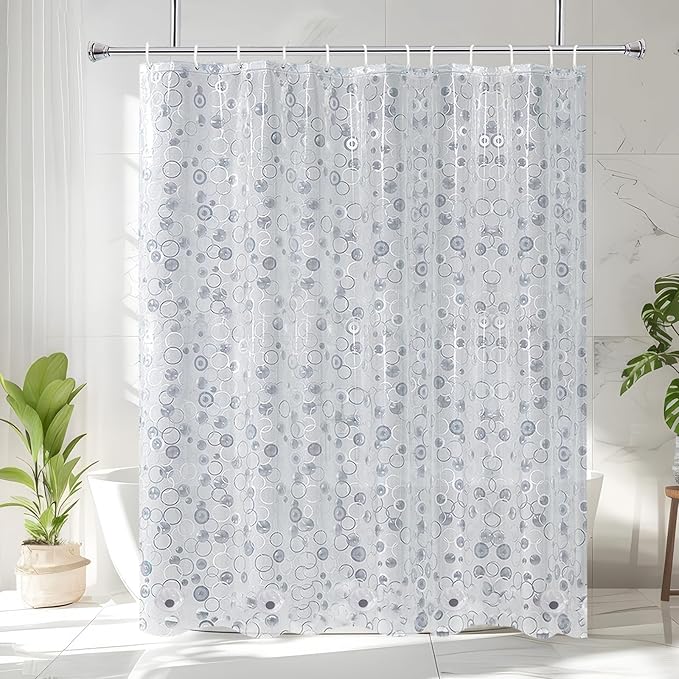 AooHome Plastic 66 inch Short Shower Curtain Liner - EVA 3D Circle Pattern Design Bathroom Shower Curtain with Hooks, 5 Bottom Magnets, 10G Heavy Duty, Water Repellent, Semi Transparent, 72x66 Inch
