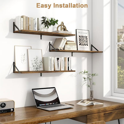 Fun Memories Floating Shelves for Wall, 36 Inches Long Set of 3 Wall Shelves for Bedroom, Floating Bookshelves with Metal Brackets for Living Room, Kitchen, Bedroom and Laundry Room (Rustic Brown)