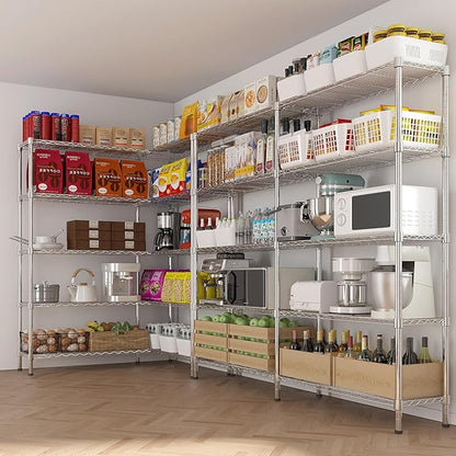 5 Tier Storage Racks Shelving, Heavy Steel Pantry Shelves, Adjustable Wire Shelving Rack, Suitable for Garage, Kitchens, Offices, 58" W x 14" D x 71" H, Chrome