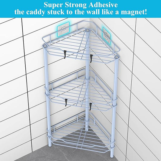 3 Tier Floor Standing Corner Shower Caddy Organizer Shelf with Hooks, Bathroom Shelves Stand Rack, Blue