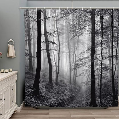 Misty Forest Shower Curtain Black White Foggy Nature Landscape Grey Fantasy Fog Tree Rustic Farmhouse Outdoor Fall Halloween Bath Curtain with Hook 70Wx70H Inch