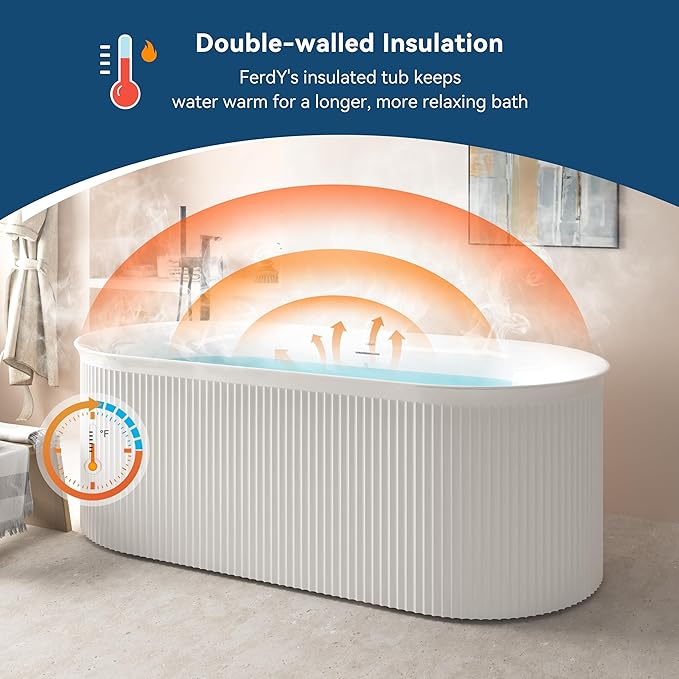 FerdY Nami 67" Acrylic Freestanding Bathtub, V Shape Freestanding Soaking Acrylic Bathtub, Modern White, cUPC Certified, Polished Gold Pop-Up Drain
