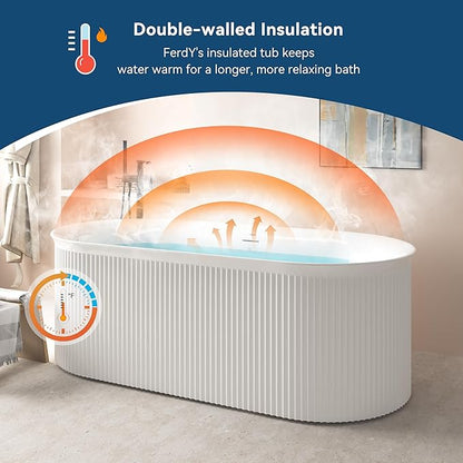 FerdY Nami 67" Acrylic Freestanding Bathtub, V Shape Freestanding Soaking Acrylic Bathtub, Modern White, cUPC Certified, Polished Gold Pop-Up Drain