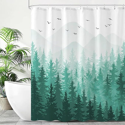 Aipon Teal Misty Forest Shower Curtain Ombre Nature Tree Plants Shower Curtains Fabric Waterproof Mountain Shower Curtain Sets for Bathroom Bath Decor with 12 Hooks (Teal, 72'' × 78'')