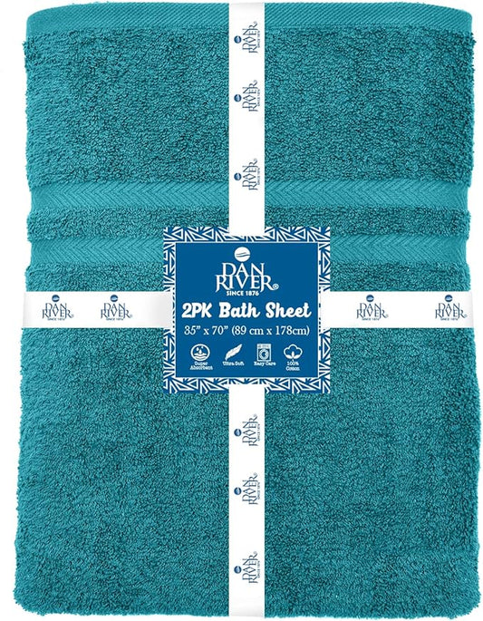 DAN RIVER 2 Pack Luxury Bath Sheets 35x70, 600 GSM, Soft & Quick Dry 100% Ring Spun Cotton Towels Ideal for Hotels, Spas, Gyms & Salons Extra Large, Teal