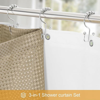 3 in 1 Stall Half Size Beige Shower Curtain Set-36 W x 72 H, Tan Waffle Waterproof Fabric and PEVA Liner Set with Stainless Steel Hooks