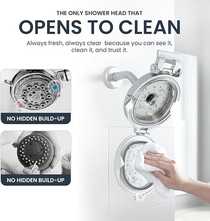Shower Clear-The World’s Only Cleanable Shower Head with Patented Open-Clean Design to Reduce Moisture and Buildup, High Pressure Flow, Universal Fit -Chrome (1.1 lbs, 5.5 inches)