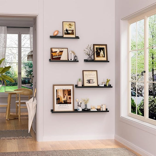 Heimlove Floating Shelves Set of 6, 24" Wall Mounted Picture Ledge, Display Shelf Organizer for Decor Storage, Wall Mounted Shelves for Living Room, Bedroom, Bathroom, Kitchen (Black)