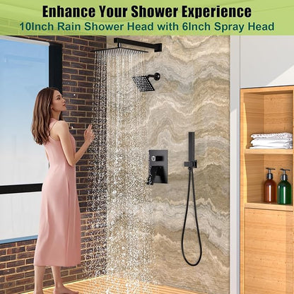 ENGA Shower Faucet Set, Dual Head Shower System 10" & 6" Square Rain Shower Heads with 2 in 1 Handheld Spray, 3 Way Water Diverter, Matte Black