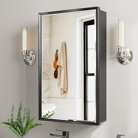 16x26 Pre-Assembled Black Medicine Cabinet with Mirror, Surface or Recessed Medicine Cabinet Mirror for Bathroom, Aluminum Beveled Frame Bathroom Vanity Mirror with Adjustable Shelves Storage
