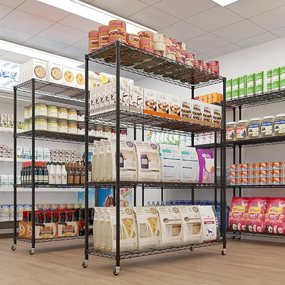4 Tier Storage Racks Shelving, Heavy Steel Pantry Shelves, Adjustable Wire Shelving Rack with Wheels, Suitable for Garage, Kitchens, Offices, 59" W x 23.6" D x 75.6" H, Black