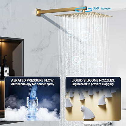 12 Inch Luxury Rain Shower Faucet Set, Brushed Gold Shower System with Rainfall Shower Head and Handheld Spray, SUS304 Stainless Steel and Solid Brass Wall Mounted Shower Valve Trim Kit