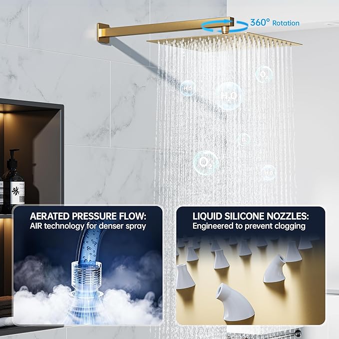 16 Inch Luxury Rain Shower Faucet Set, Brushed Gold Shower System with Rainfall Shower Head and Handheld Spray, SUS304 Stainless Steel and Solid Brass Wall Mounted Shower Valve Trim Kit