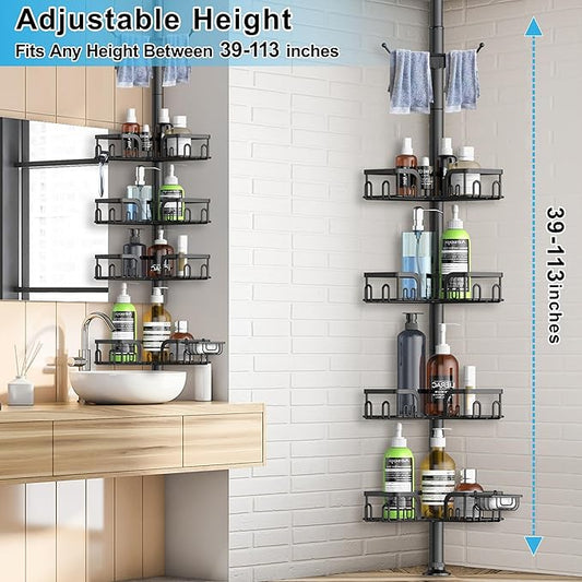 Corner Shower Caddy Tension Pole,39-113 inch Adjustable Rustproof Floor Standing Shower Organizer Shelf with 4 Basket for Bathtub,Inside Shower Shampoo Storage,Black