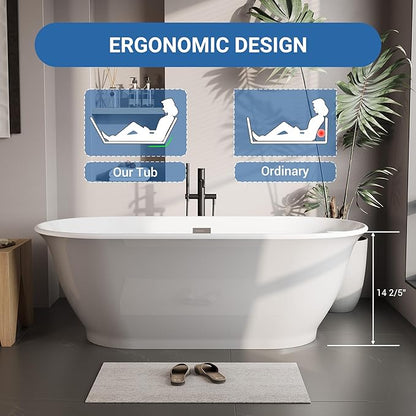 Freestanding Bath Tub 67 Inch Acrylic Oval Soaking Tub – Extra Large Freestanding Bathtub with Chrome Drain & Overflow, Stand Alone Tub for Home Spa, Deep Free Standing Soaking Tub for Relaxation